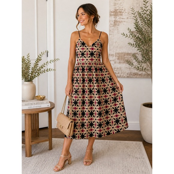 H&M Dresses & Skirts - HM Black Tan Red Jacquard Midi Dress Silk Wool Blend Strappy V-Neck Size 6